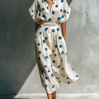 Women’s Off-White Linen-Blend Polka Dot Shirt Dress With Waist Cincher & Pockets MDZ2481D3T