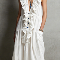 Women's Casual White Cotton-Linen Maxi Dress — V-Neck, Ruffled, Sleeveless MDZ2418D0LXY