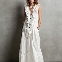Women's Casual White Cotton-Linen Maxi Dress — V-Neck, Ruffled, Sleeveless MDZ2418D0LXY