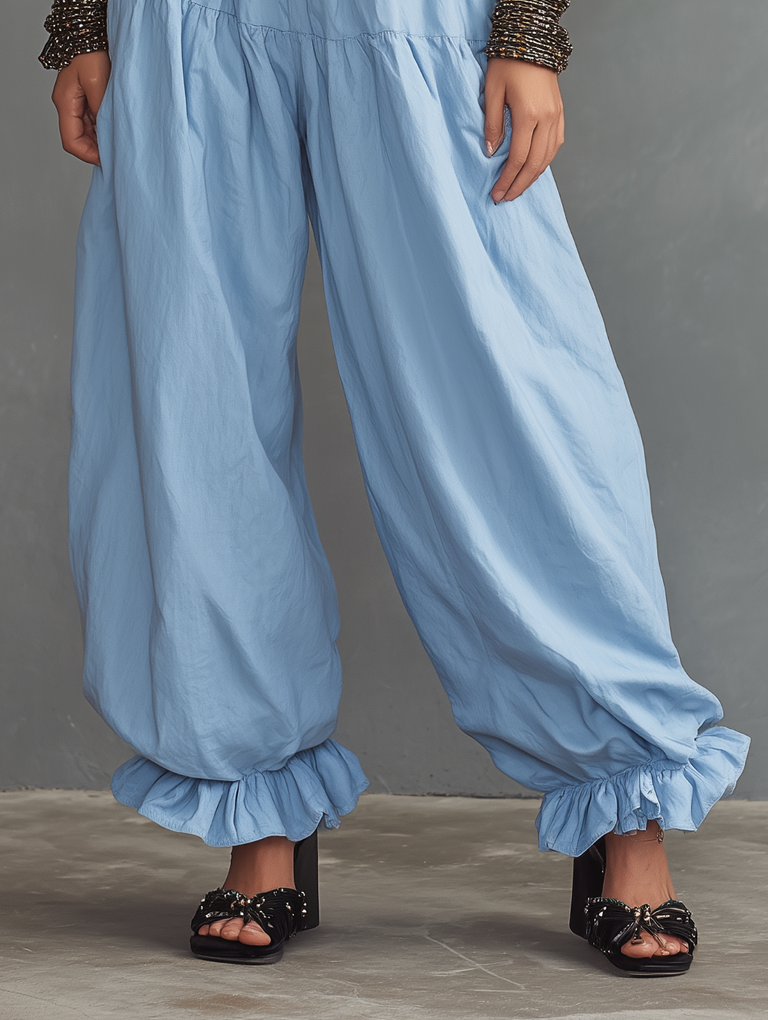 Women's Minimalist Linen-Blend Balloon Pants With Elastic High Waist And Ruffled Cuffs MDZ2585D3Y