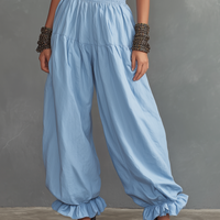 Women's Minimalist Linen-Blend Balloon Pants With Elastic High Waist And Ruffled Cuffs MDZ2585D3Y