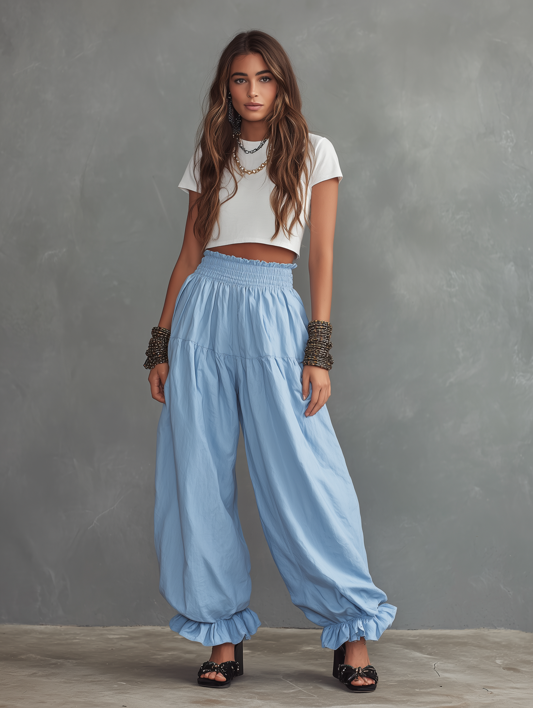 Women's Minimalist Linen-Blend Balloon Pants With Elastic High Waist And Ruffled Cuffs MDZ2585D3Y