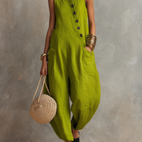 Women's Minimalist Loose-Fit Linen-Blend Sleeveless Jumpsuit With Asymmetrical Buttons MDZ2567D3Y