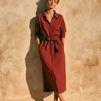 Women's Casual Retro Wine-Red Cotton-Linen Shirt Dress With Mid-Length Sleeves MDZ2512D1ZJW