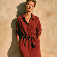 Women's Casual Retro Wine-Red Cotton-Linen Shirt Dress With Mid-Length Sleeves MDZ2512D1ZJW