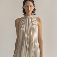 Women's Elegant & Minimalist Off-White Sleeveless Chiffon Maxi Dress — Ruffled Collar & Tiered Pleats MDZ2515D1ZJW