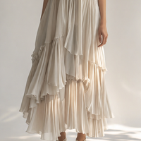 Women's Elegant & Minimalist Off-White Sleeveless Chiffon Maxi Dress — Ruffled Collar & Tiered Pleats MDZ2515D1ZJW