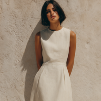 Women's Minimalist White Sleeveless A-Line Cotton-Linen Midi Dress MDZ2529D3ZJW