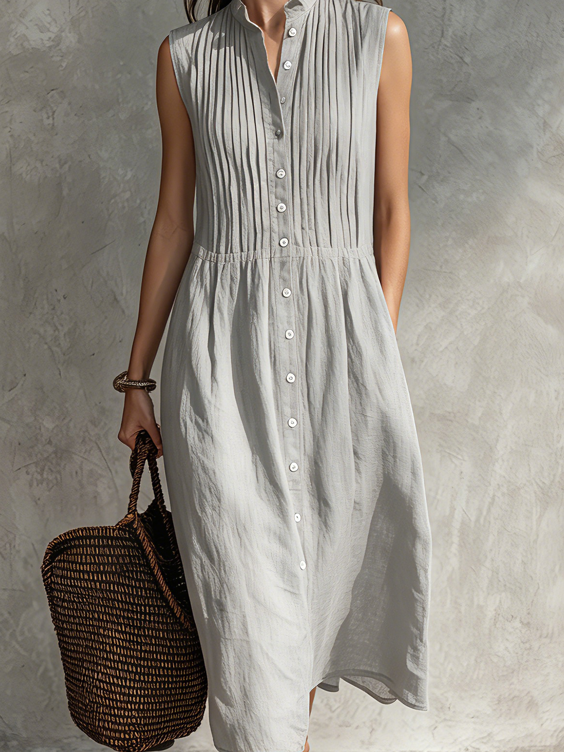 Women's Casual Grey Cotton-Linen Sleeveless Midi Dress With Round Neck MDZ2549D5LXY