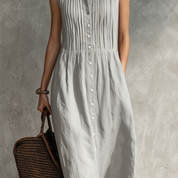 Women's Casual Grey Cotton-Linen Sleeveless Midi Dress With Round Neck MDZ2549D5LXY