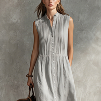 Women's Casual Grey Cotton-Linen Sleeveless Midi Dress With Round Neck MDZ2549D5LXY