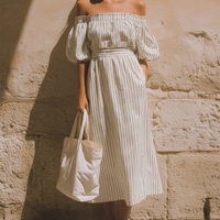 Women's Casual Retro-Elegant Striped Off-Shoulder Short-Sleeve Midi Dress MDZ2522D6ZJW