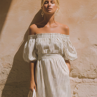 Women's Casual Retro-Elegant Striped Off-Shoulder Short-Sleeve Midi Dress MDZ2522D6ZJW