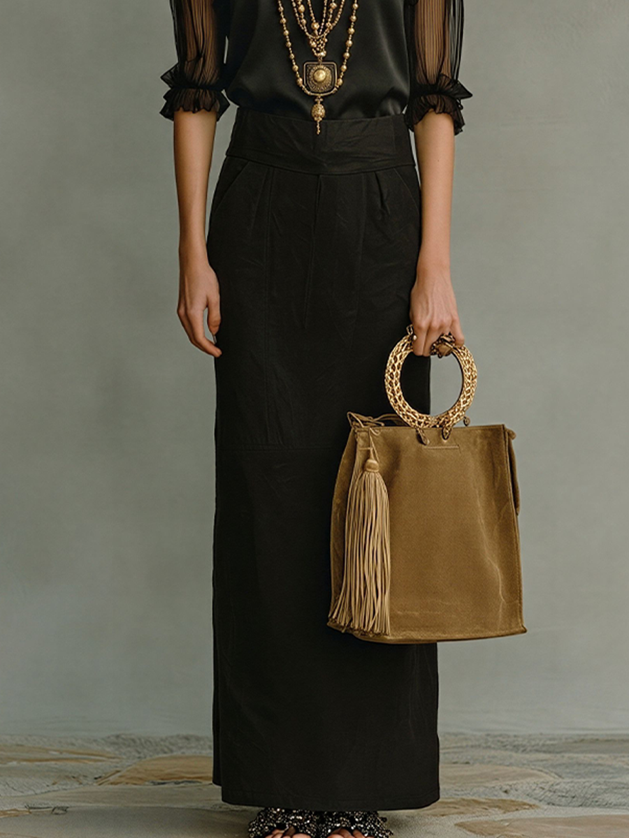 Women's All-Black Satin & Cotton Two-Piece Set With Ruffled Sheer Details, Contemporary Elegant Sophisticated Outfit MDZ2769D7LYL