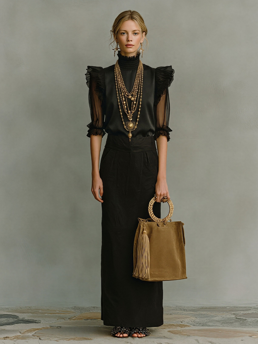 Women's All-Black Satin & Cotton Two-Piece Set With Ruffled Sheer Details, Contemporary Elegant Sophisticated Outfit MDZ2769D7LYL