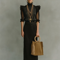 Women's All-Black Satin & Cotton Two-Piece Set With Ruffled Sheer Details, Contemporary Elegant Sophisticated Outfit MDZ2769D7LYL