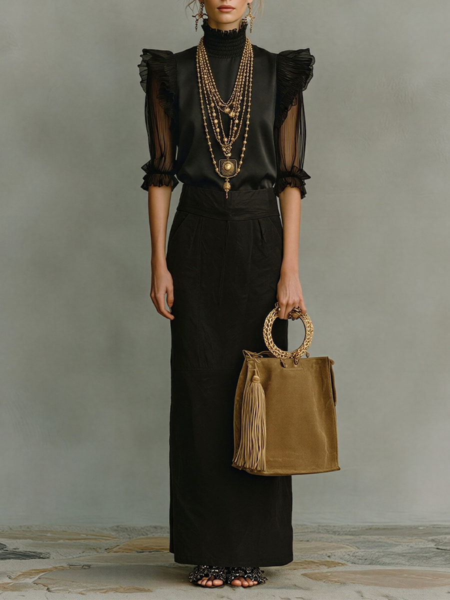Women's All-Black Satin & Cotton Two-Piece Set With Ruffled Sheer Details, Contemporary Elegant Sophisticated Outfit MDZ2769D7LYL
