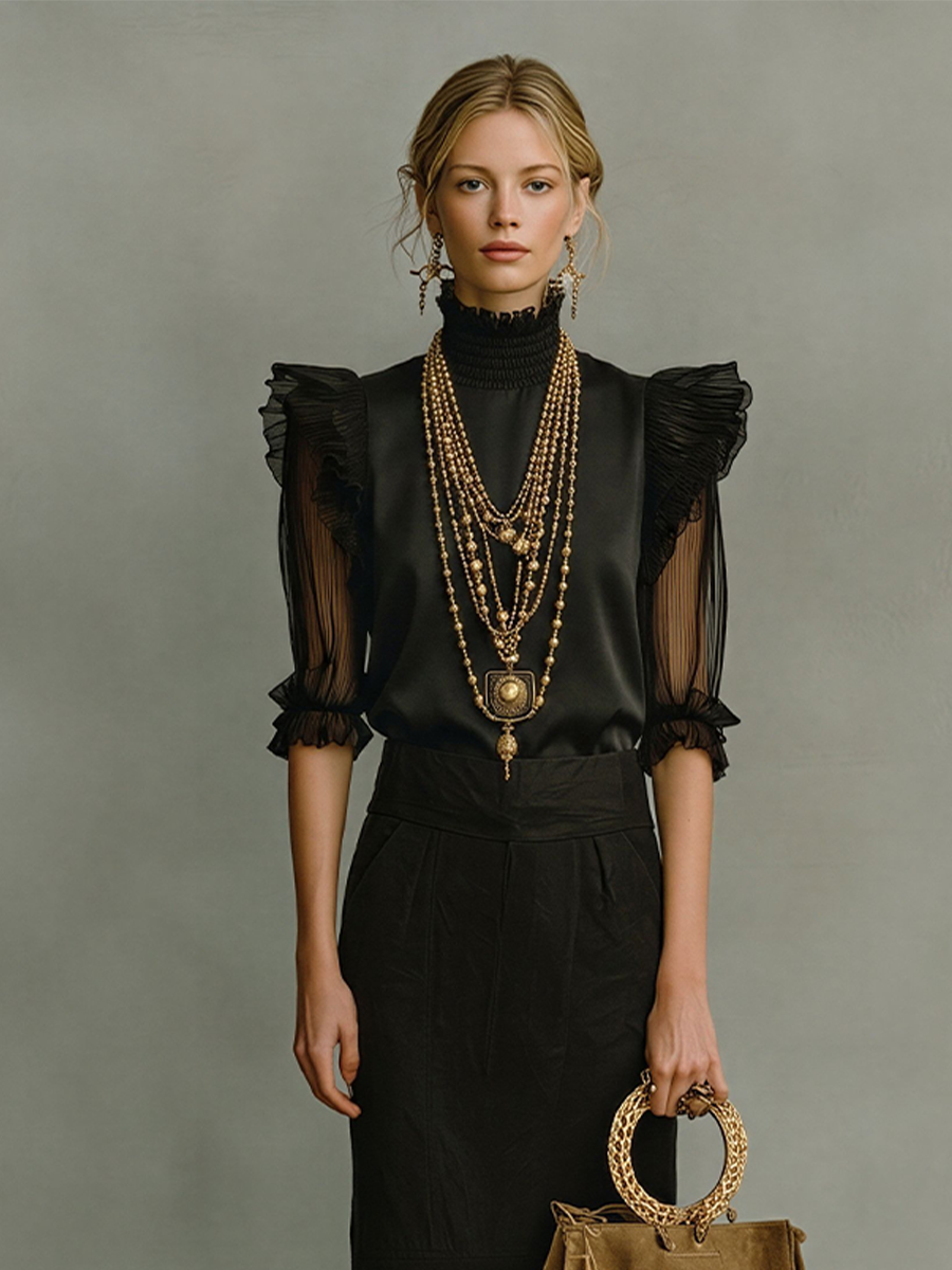 Women's All-Black Satin & Cotton Two-Piece Set With Ruffled Sheer Details, Contemporary Elegant Sophisticated Outfit MDZ2769D7LYL