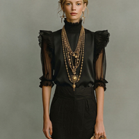 Women's All-Black Satin & Cotton Two-Piece Set With Ruffled Sheer Details, Contemporary Elegant Sophisticated Outfit MDZ2769D7LYL