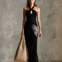 Women's Casual Black Cotton-Linen Halter-Neck Sleeveless Maxi Dress With White Embroidery MDZ2786D6LXY