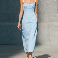 Women's Casual Light Blue Woven Sleeveless Maxi Dress With Spaghetti Straps MDZ2798D7LXY