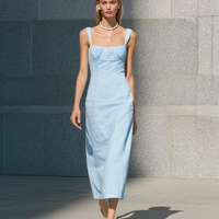 Women's Casual Light Blue Woven Sleeveless Maxi Dress With Spaghetti Straps MDZ2798D7LXY