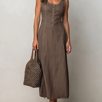 Women's Brown Linen-Blend Midi Dress With Contrast Stitch & Button Front, Timeless Casual Everyday Dress MDZ2700D0LYL