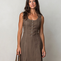 Women's Brown Linen-Blend Midi Dress With Contrast Stitch & Button Front, Timeless Casual Everyday Dress MDZ2700D0LYL