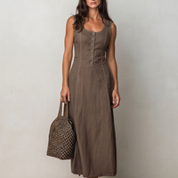 Women's Brown Linen-Blend Midi Dress With Contrast Stitch & Button Front, Timeless Casual Everyday Dress MDZ2700D0LYL