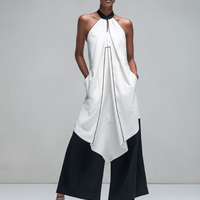 Women’s White Halter Neck Asymmetrical Tunic Top & Black Wide-Leg Pants Two-Piece Set MDZ2764D6T