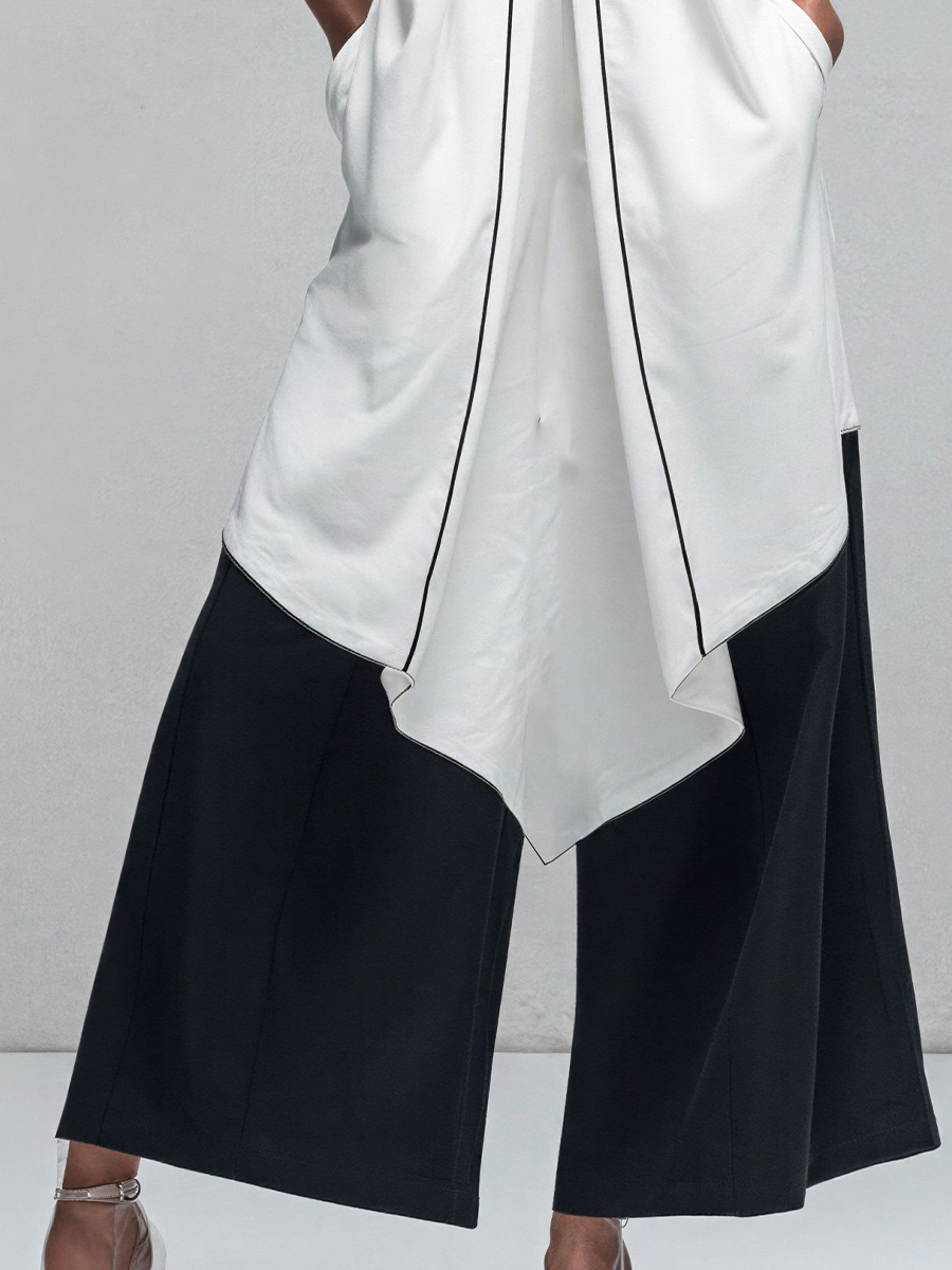 Women’s White Halter Neck Asymmetrical Tunic Top & Black Wide-Leg Pants Two-Piece Set MDZ2764D6T