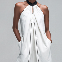 Women’s White Halter Neck Asymmetrical Tunic Top & Black Wide-Leg Pants Two-Piece Set MDZ2764D6T