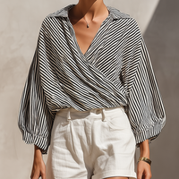 Women’s Black & White Striped Wrap Blouse & White High-Waisted Shorts Two-Piece Set MDZ2724D6T