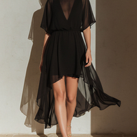 Women’s Black Sheer Chiffon High-Low Dress With Dolman Sleeves & Lining MDZ2795D7T