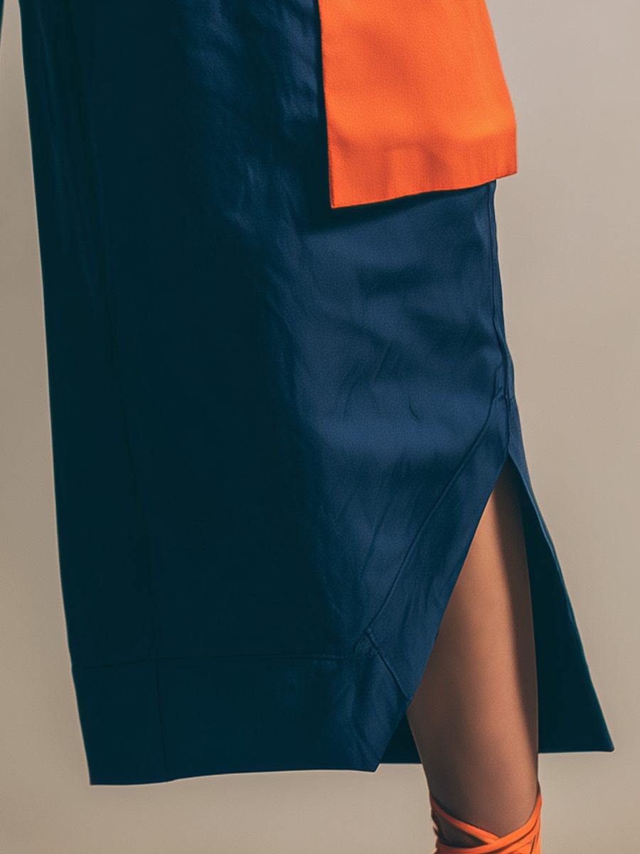 Women’s Navy Blue High-Waisted Pleated Culottes With Orange Contrast Cargo Pockets & Slit MDZ2777D7T