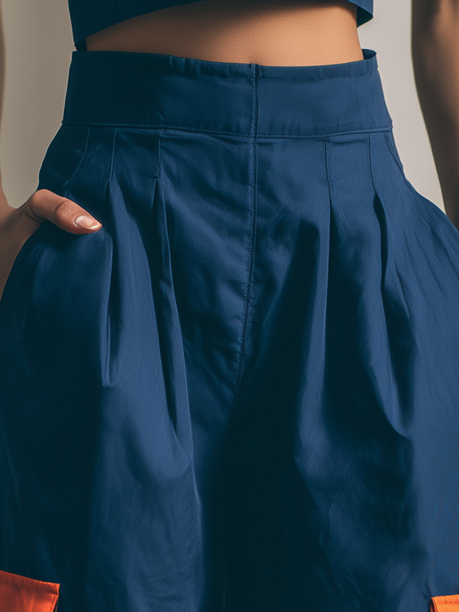 Women’s Navy Blue High-Waisted Pleated Culottes With Orange Contrast Cargo Pockets & Slit MDZ2777D7T