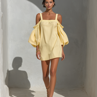 Women’s Yellow Cotton-Linen Blend Off-Shoulder Puff Sleeve Top With Square Neckline MDZ2847D1T