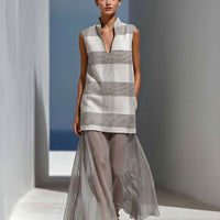 Women’s Grey Plaid Sleeveless Tunic Top & Sheer Chiffon Maxi Skirt Two-Piece Set MDZ2824D9T