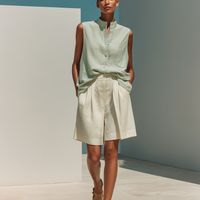Women’s Mint Green Sleeveless Stand-Collar Linen Shirt & Beige Pleated Wide-Leg Shorts Two-Piece Set MDZ2848D9T