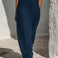 Women’s Navy Blue Linen-Blend Halter Neck Maxi Dress With Lace-Up Front & Contrast Trim MDZ2822D1T