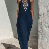 Women’s Navy Blue Linen-Blend Halter Neck Maxi Dress With Lace-Up Front & Contrast Trim MDZ2822D1T