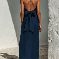 Women’s Navy Blue Linen-Blend Halter Neck Maxi Dress With Lace-Up Front & Contrast Trim MDZ2822D1T
