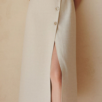 Women’s Beige Linen-Blend Sleeveless V-Neck Midi Dress With Asymmetrical Button Placket & Slit MDZ2800D5T
