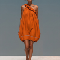 Women’s Orange Linen-Blend One-Shoulder Ruffled Mini Dress With Embroidered Hem MDZ2835D6T