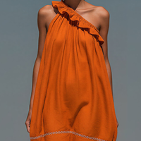 Women’s Orange Linen-Blend One-Shoulder Ruffled Mini Dress With Embroidered Hem MDZ2835D6T