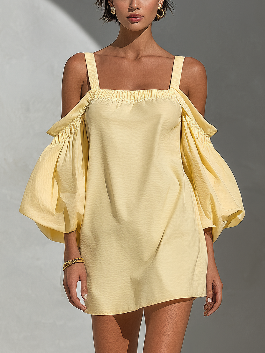 Women’s Yellow Cotton-Linen Blend Off-Shoulder Puff Sleeve Top With Square Neckline MDZ2847D1T