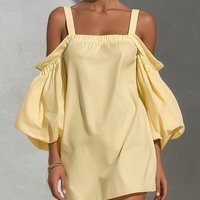 Women’s Yellow Cotton-Linen Blend Off-Shoulder Puff Sleeve Top With Square Neckline MDZ2847D1T