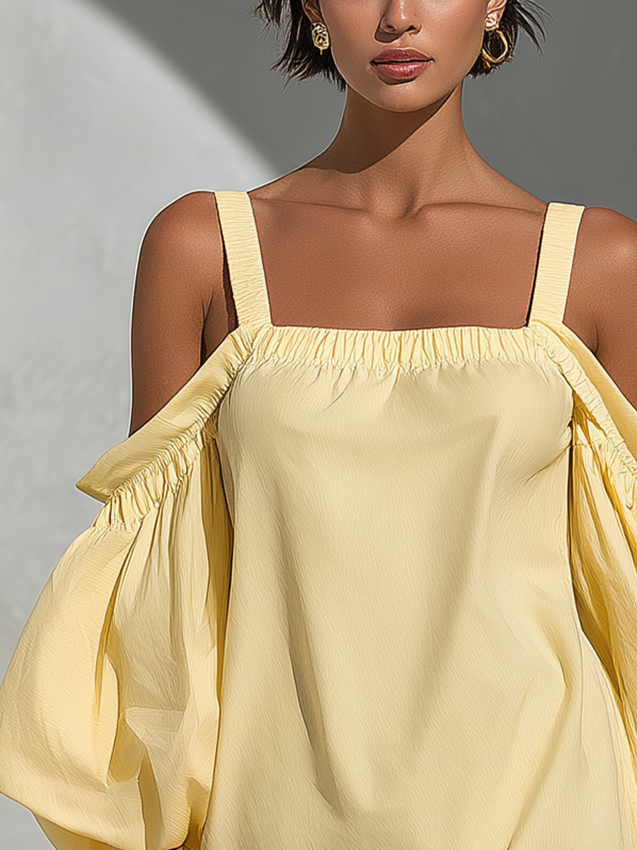 Women’s Yellow Cotton-Linen Blend Off-Shoulder Puff Sleeve Top With Square Neckline MDZ2847D1T
