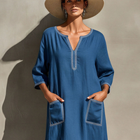 Women's Blue Linen-Blend Caftan Dress With Notch Neck & Side Slits, Timeless Casual Beach Cover-Up MDZ2898D9LYL