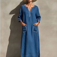 Women's Blue Linen-Blend Caftan Dress With Notch Neck & Side Slits, Timeless Casual Beach Cover-Up MDZ2898D9LYL